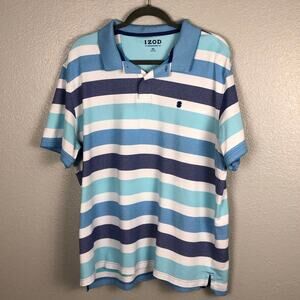 Izod Men’s Size XXL Blue White Polo Short Sleeve Shirt Embroidered Logo Stripes